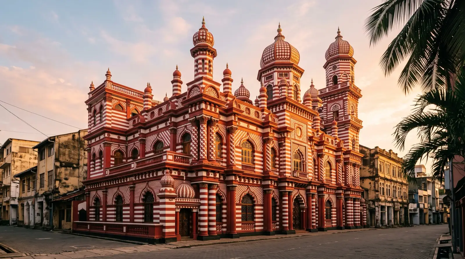 The red and white striped facade of the Jami Ul-Alfar mosque in Pettah, Colombo, at golden hour.