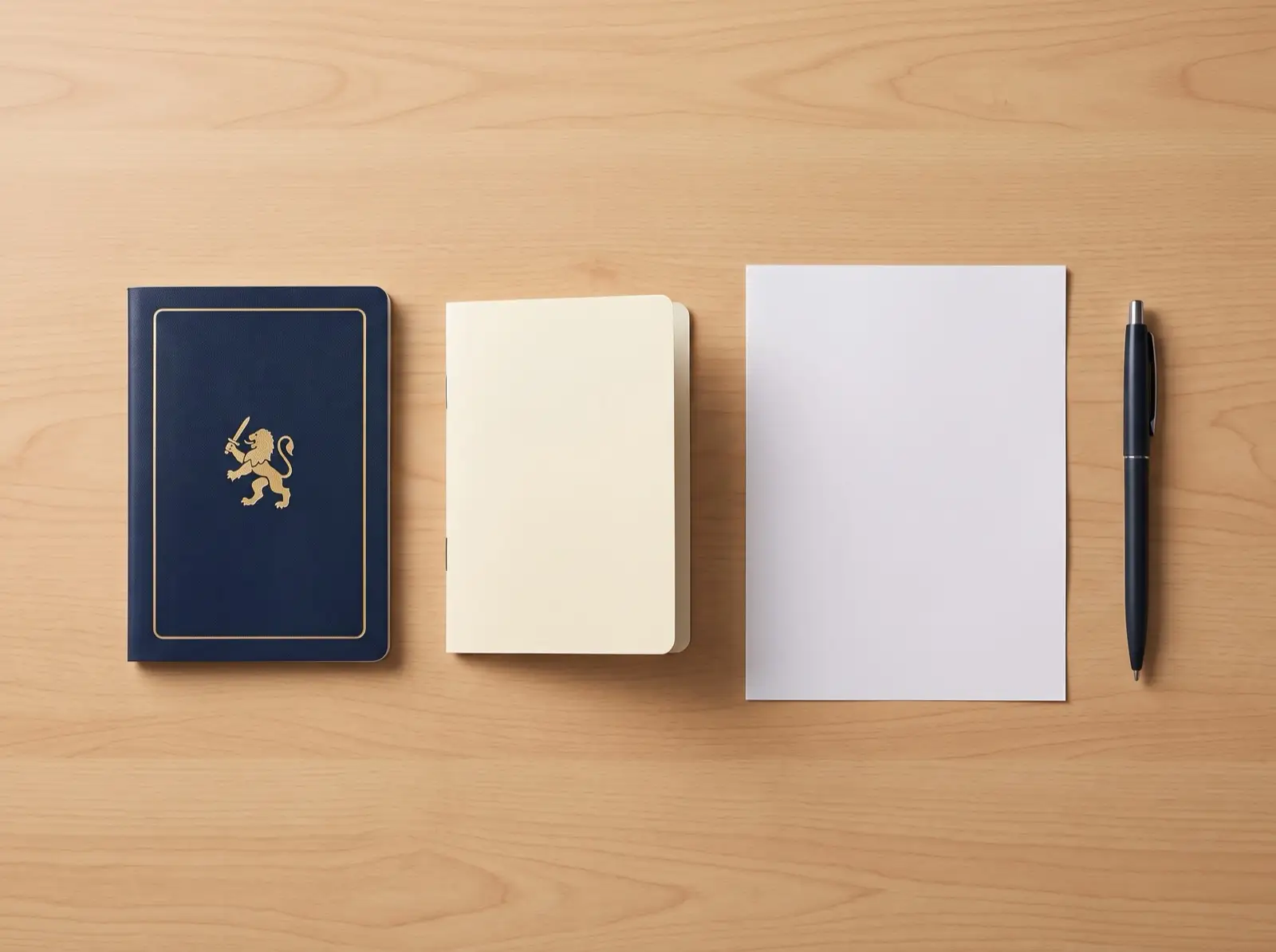 A passport, a vaccination booklet, a printed itinerary and a pen arranged on a wooden desk.