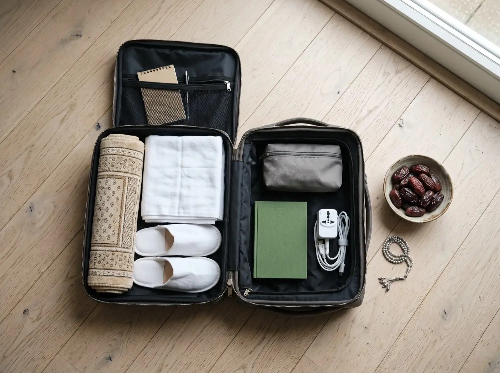 An open suitcase packed with a rolled prayer mat, ihram cloth, slippers and a bowl of dates.