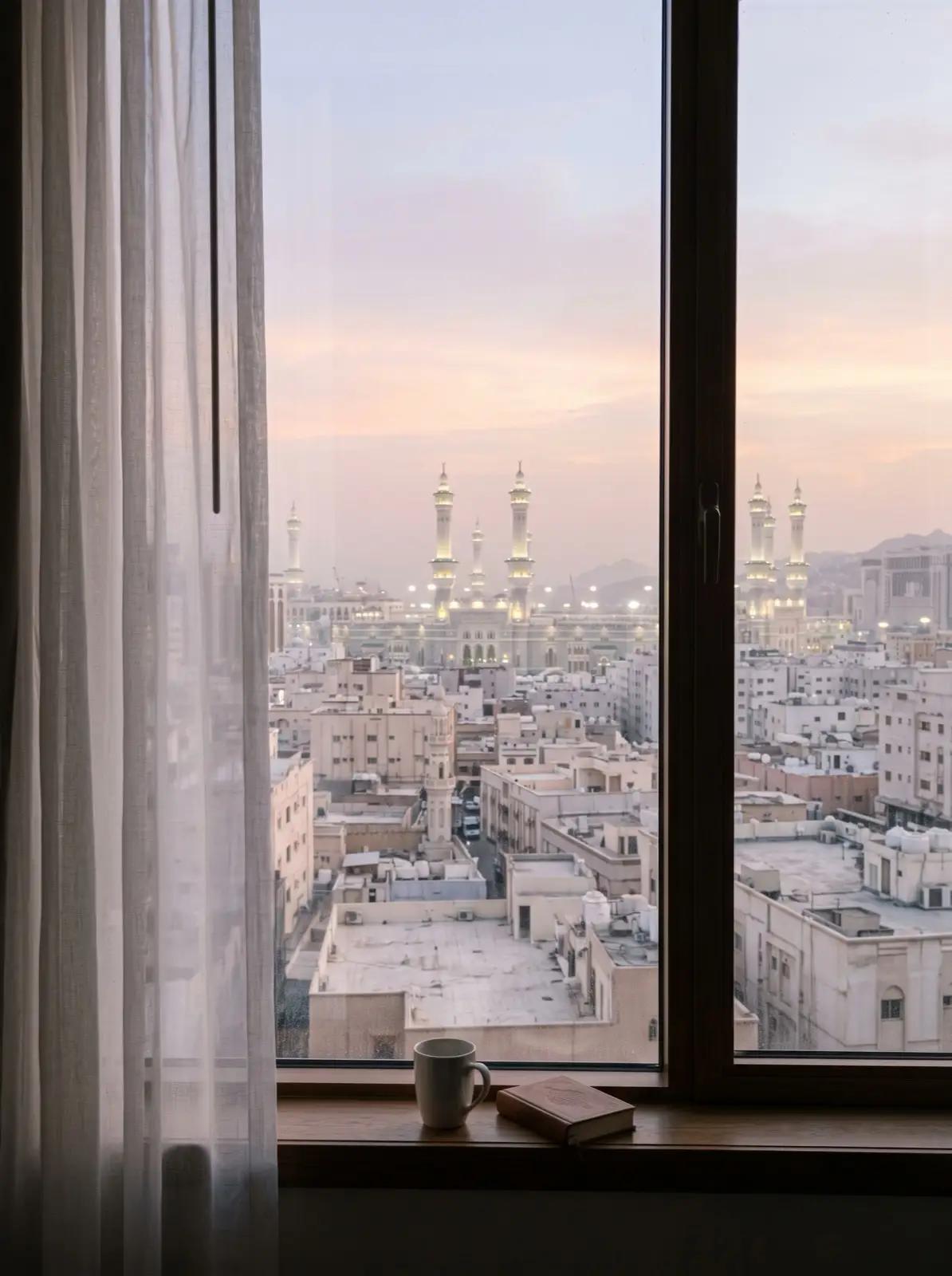 The view from a quiet Makkah hotel room towards the minarets of Masjid al-Haram in the morning haze.