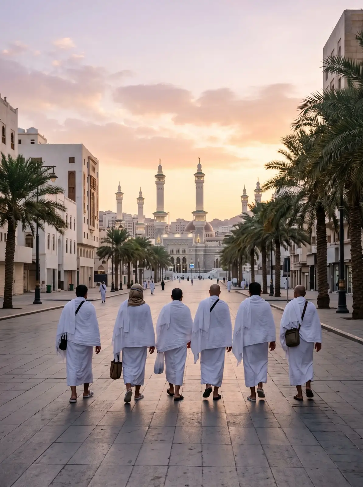 Pilgrims in white ihram walking together towards the minarets of Masjid al-Haram in the early morning.