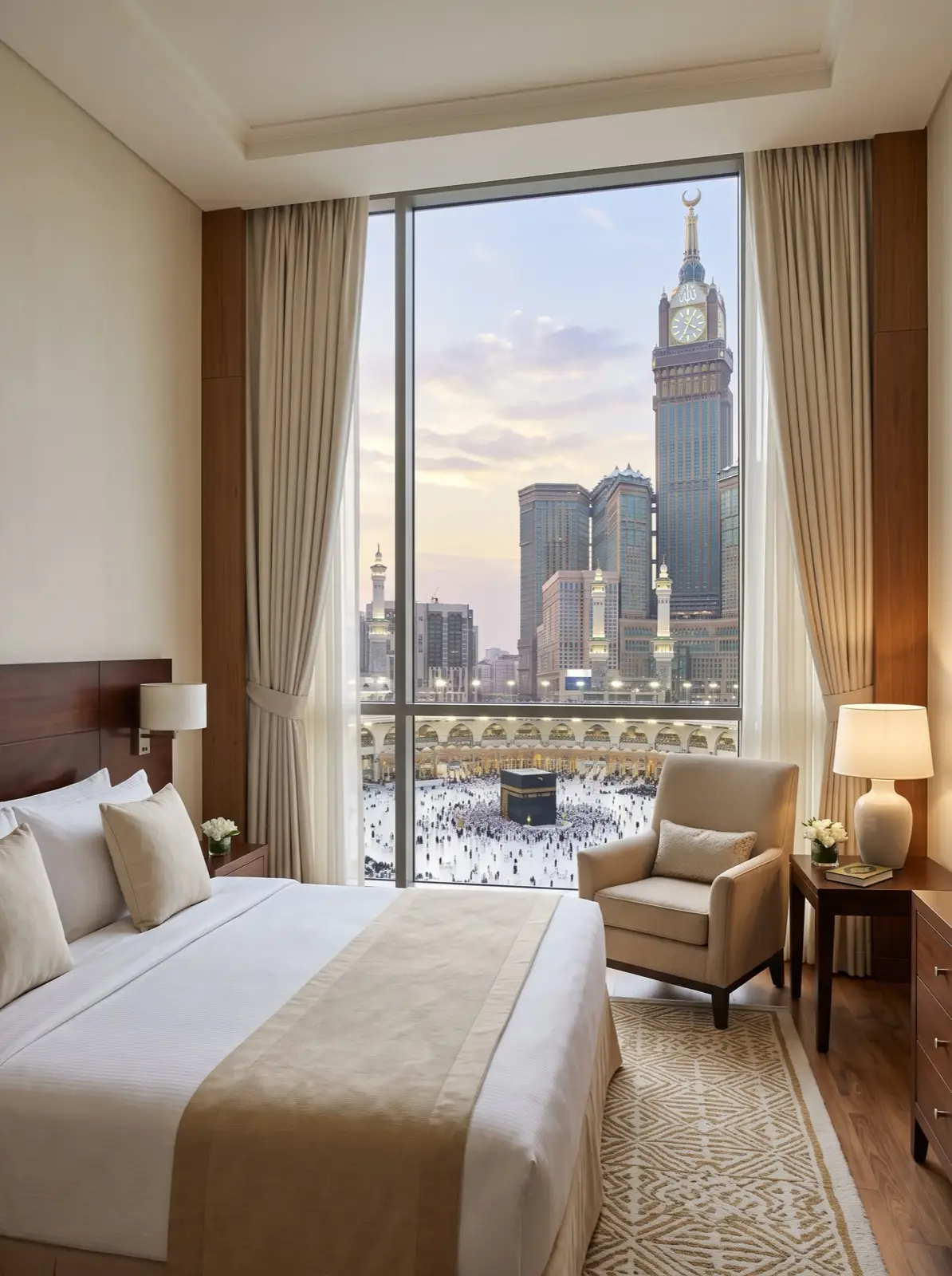 A calm five-star hotel room in Makkah with a full-height window over the courtyard of Masjid al-Haram.